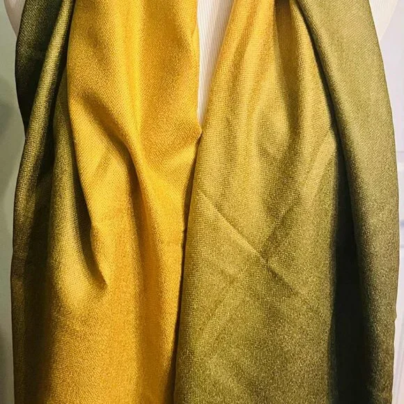 Silk & Pashmina Scarf – Golden Olive Elegance- NWT - Picture 4 of 14